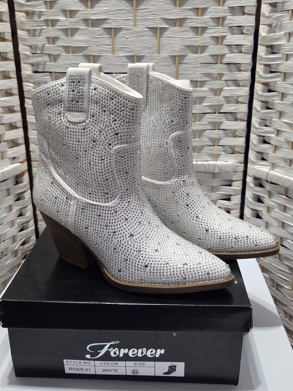 Forever 21 White Rhinestone Western Ankle Boots for Women